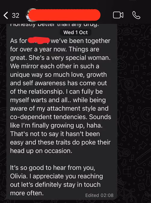 Text message about a year's relationship growth, self-awareness, and gratitude for keeping in touch.