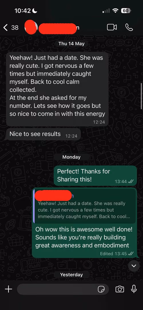 WhatsApp chat with a message about a successful date and positive feedback on personal growth.