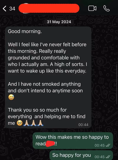 Text conversation about feeling grounded, not smoking, and expressing gratitude with emojis.