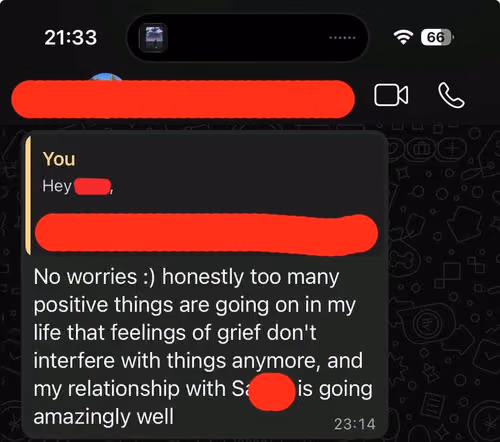 Chat message about positive life changes and a relationship going amazingly well, with some text redacted.
