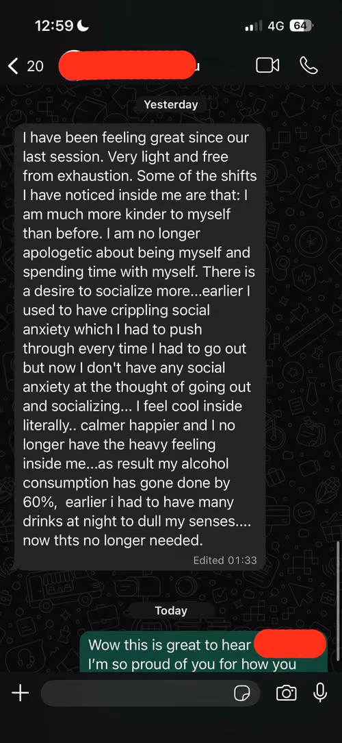 Screenshot of a message describing improved mental health, reduced anxiety, and lower alcohol use after therapy.