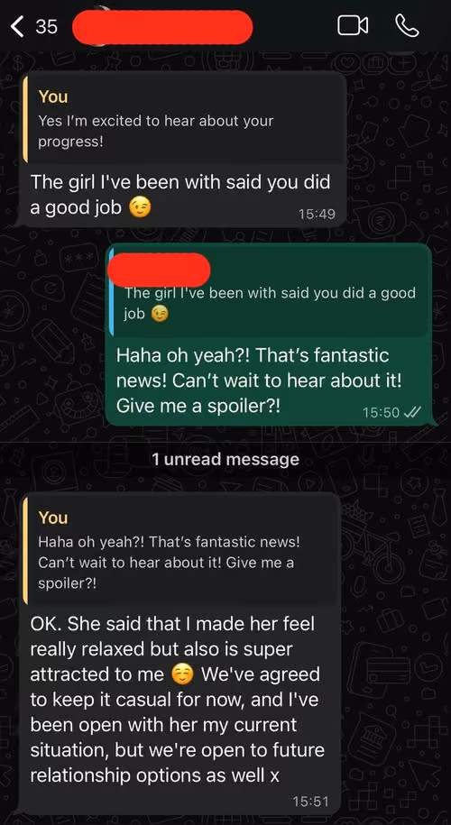 Chat conversation about relationship progress and positive feedback from a girl, discussing casual and future options.