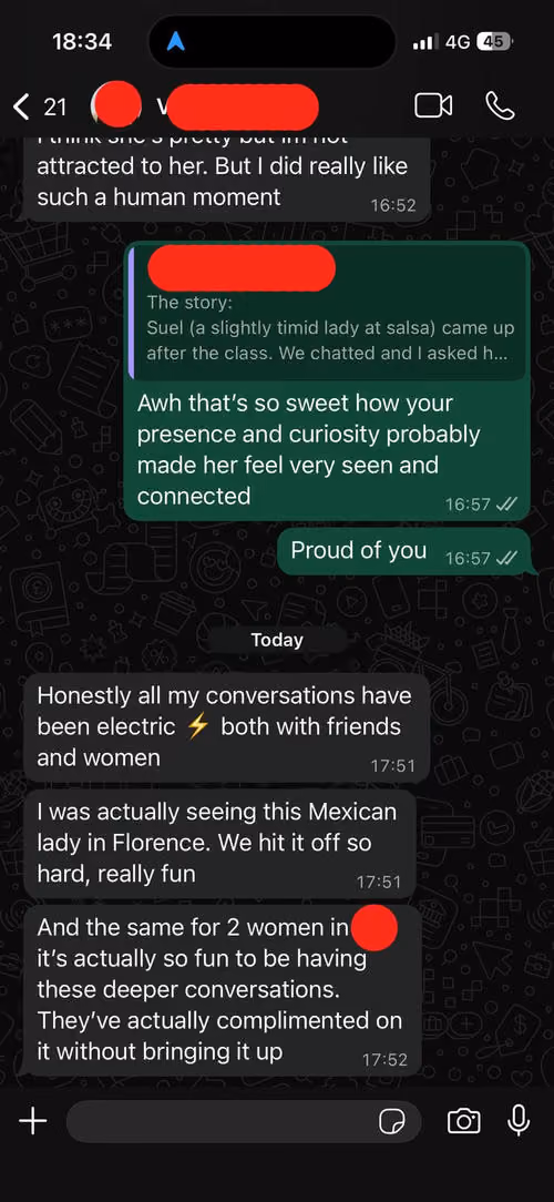 WhatsApp chat showing messages about meaningful conversations with women and a Mexican lady in Florence.