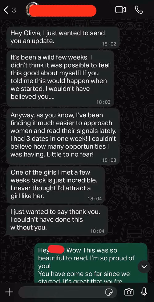 Text messages where one person shares positive experiences dating and personal growth, and the other responds with pride.