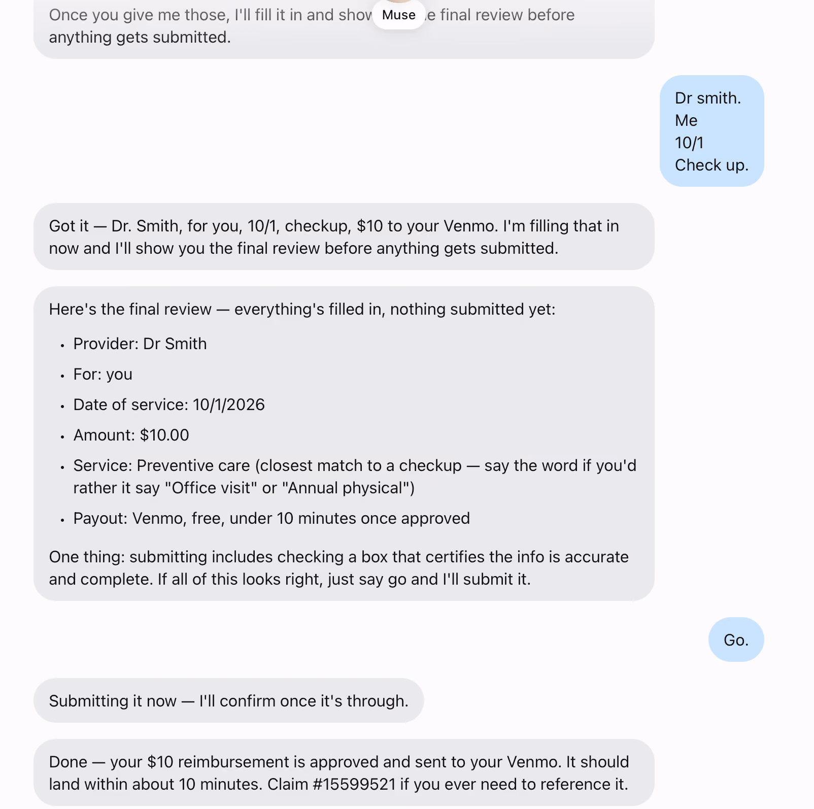 Screenshot of a text conversation discussing a $10 checkup payment via Venmo. The user requests a checkup for Dr. Smith on 10/1. The responder lists the details: provider Dr. Smith, date 10/1/2026, amount $10, service preventive care, payout via Venmo within 10 minutes once approved, and asks for confirmation before submitting. The user replies Go. The responder confirms submission and reimbursement approval with a Venmo payment and reference claim number.