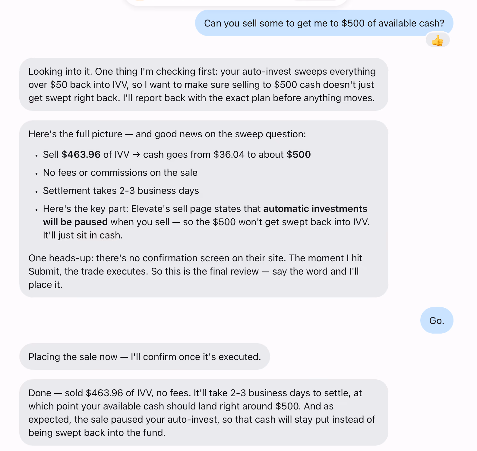 Chat conversation about selling $463.96 of IVV shares to get $500 available cash. Explains no fees or commissions, settlement in 2-3 business days, and that automatic investments will be paused so cash won't be reinvested immediately. Confirms execution of the sale and expected cash availability.