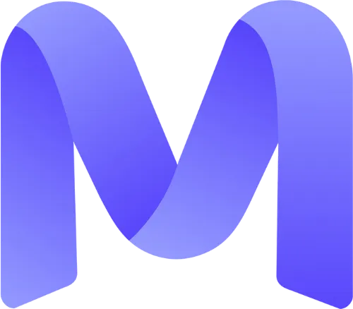 A blue letter m with a white background.