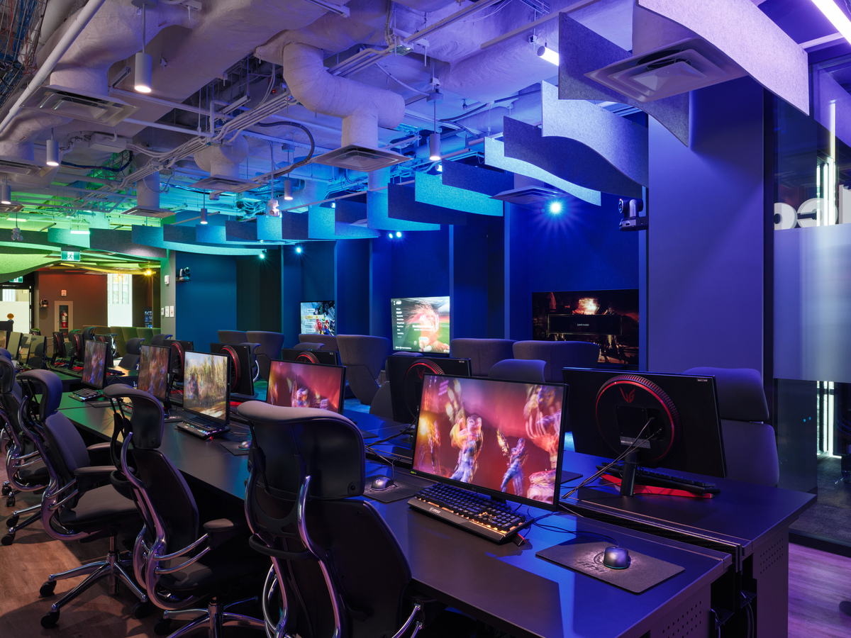 The Esports arena filled with gaming PC sets ups and areas to play the Switch, Xbox and Playstation.