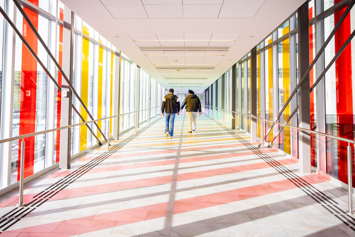 The plus 30 rainbow bridge that connects the north and south campus of Bow Valley College.