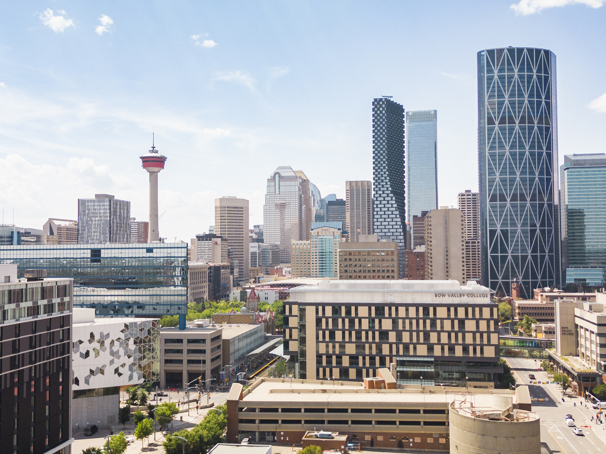 Calgary downtown with the Calgary tower in the distance.