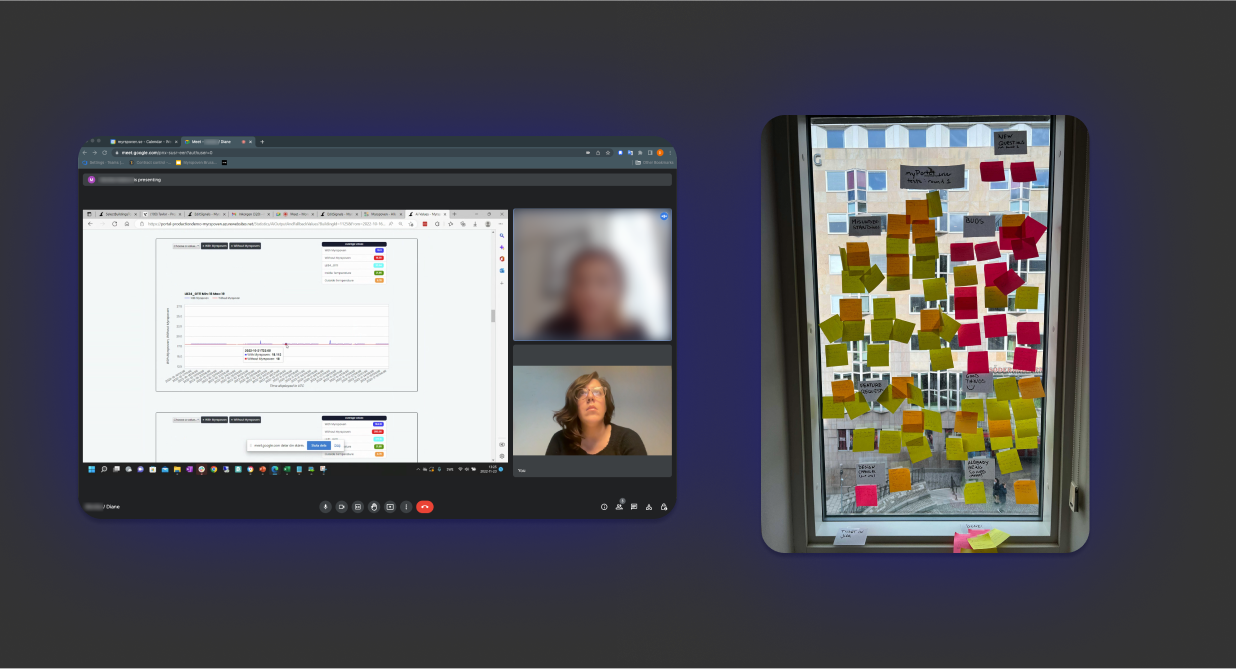 Left: a screenshot of a user research session on Google Meet. A user (blurred face) is demonstrating a tool using screen sharing to the researcher (unblurred). Right: a window overlooking another building, covered in Post-It notes 