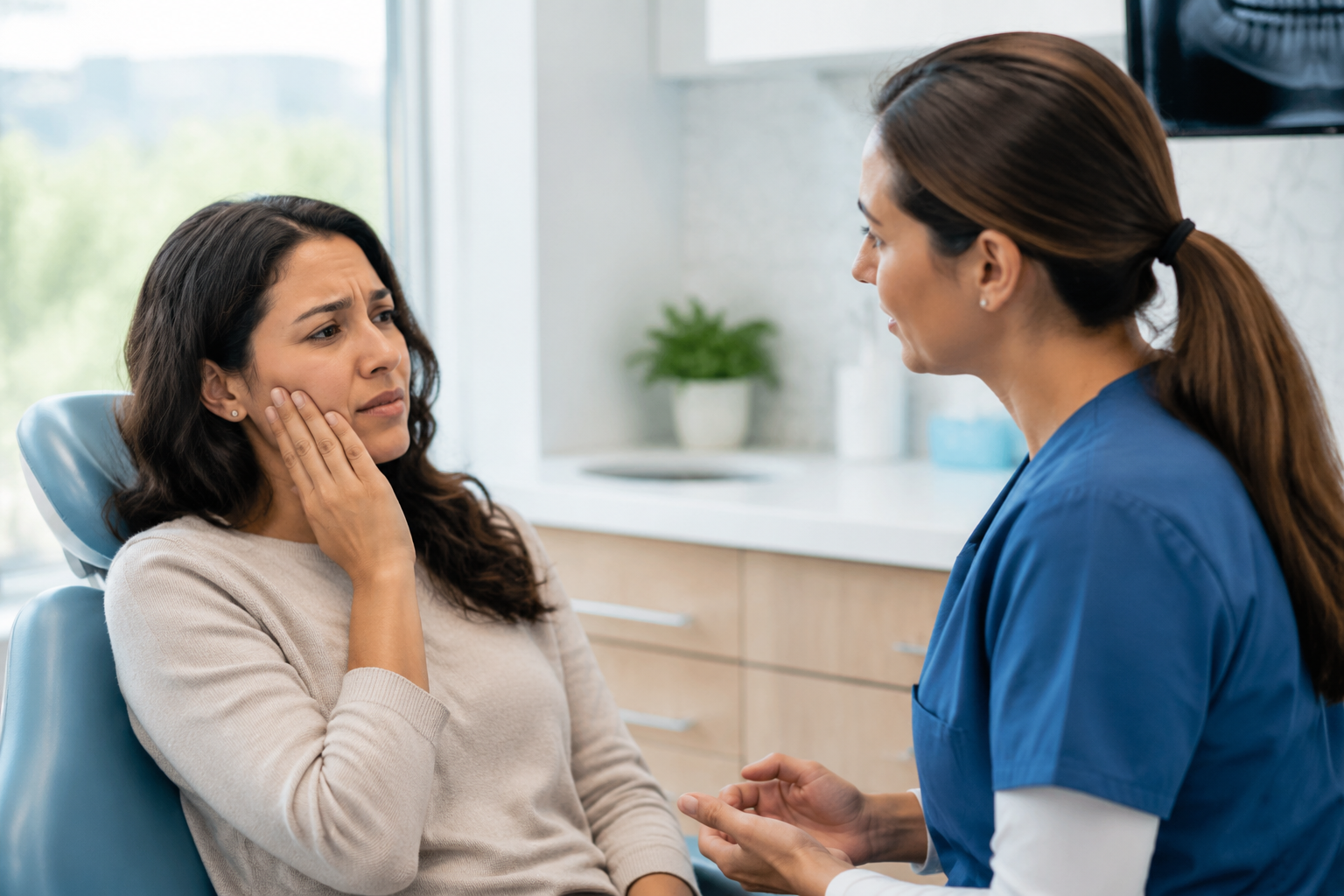 Patient discussing sudden tooth pain with a dental professional in a Crafton dental office