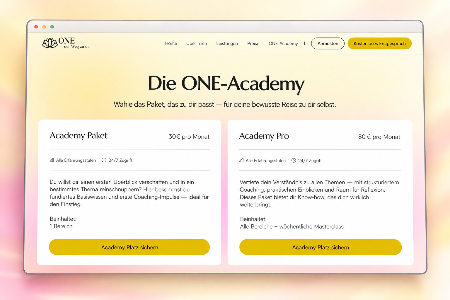 ONE – Der Weg zu dir: Website & Mitgliederportal