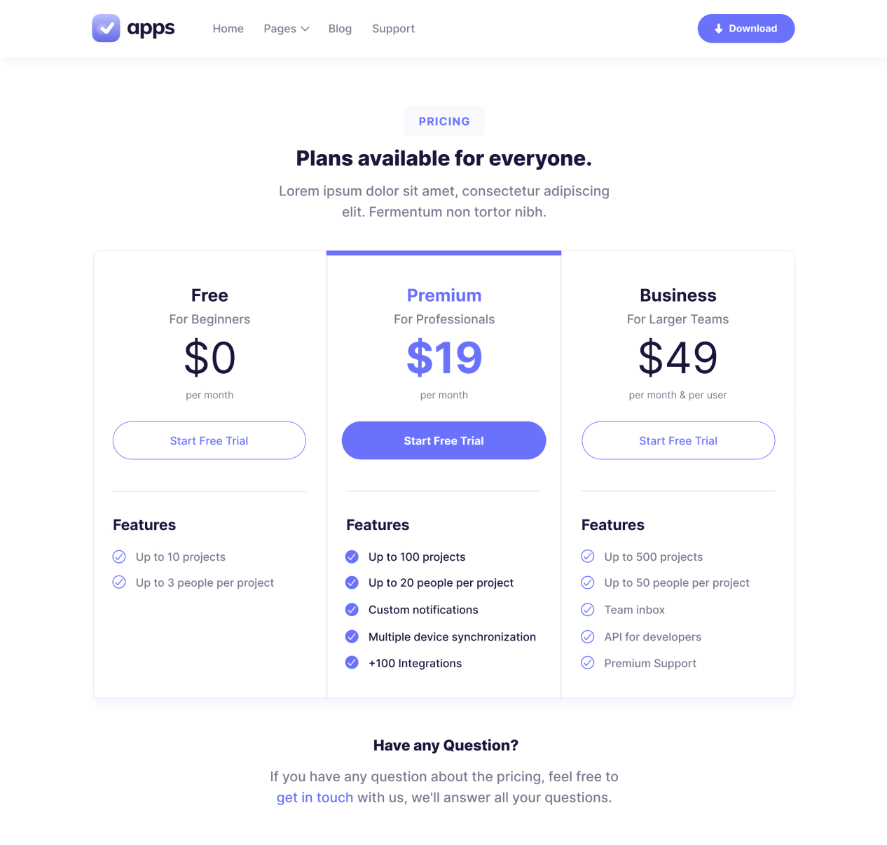 Apps - Pricing page - Mobile App Webflow Template