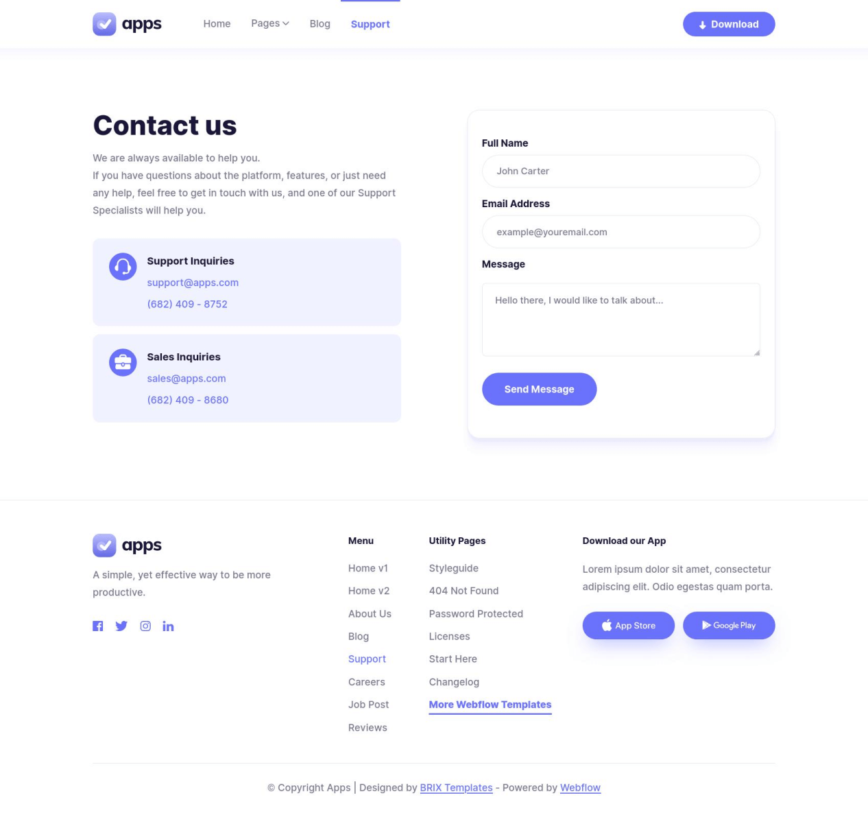 Apps - Contact page - Mobile App Webflow Template