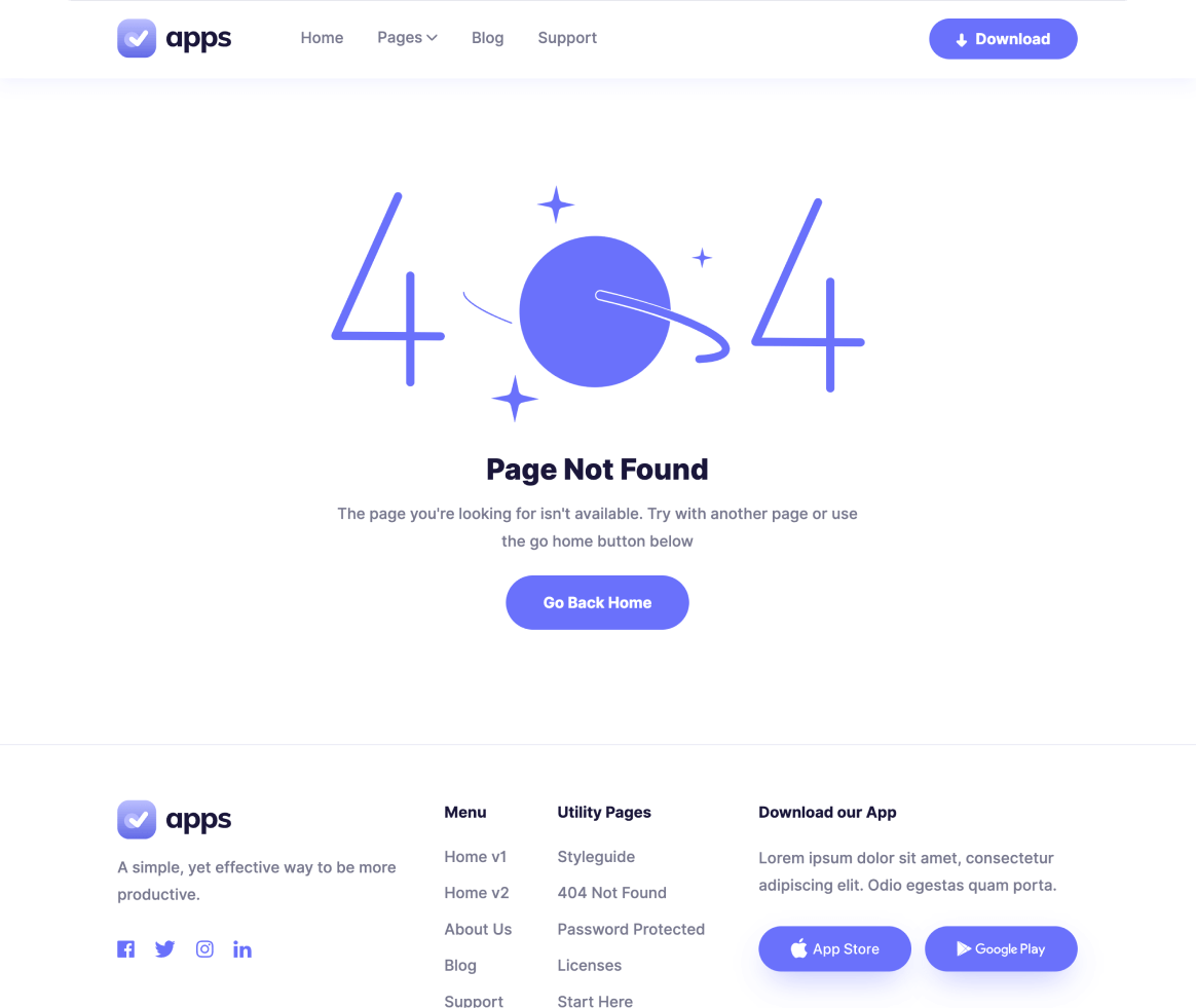 Apps - 404 not found - Mobile App Webflow Template