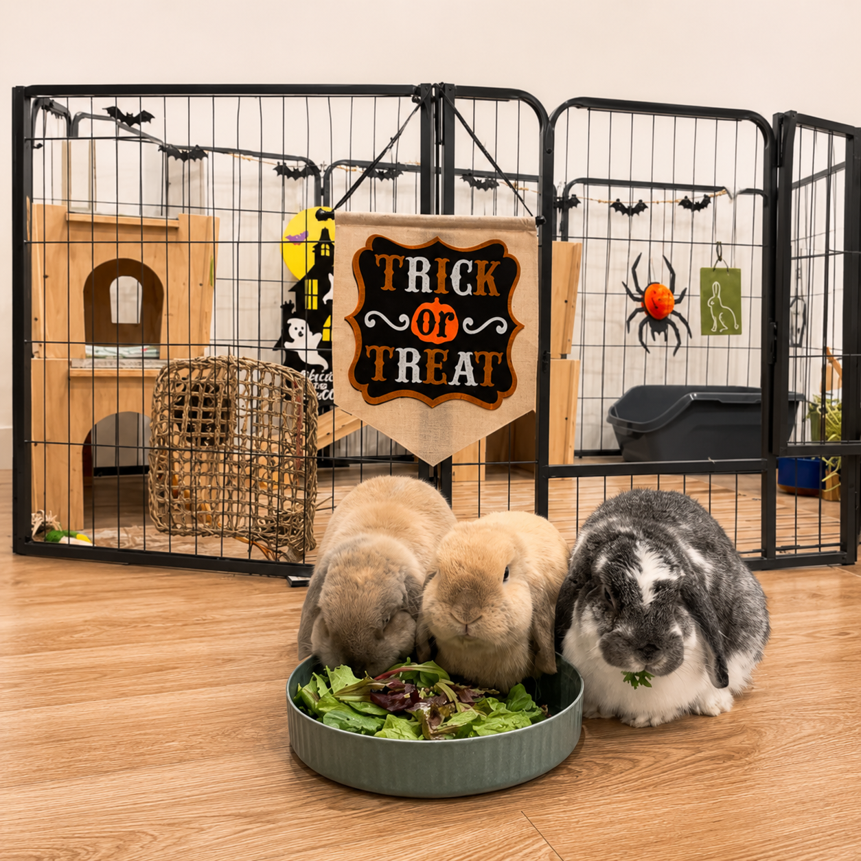 Chippie, Muni, and Luna eating greens in front of an Aivituvin playpen