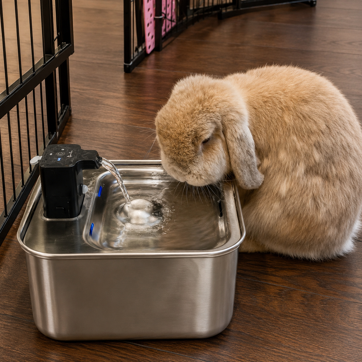 Chippie drinking from a DownyPaws water fountain