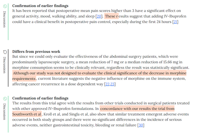 Figure 2 Scholarcy Comparative Analysis for the article "Intravenous Ibuprofen for treatment of post-operative pain” (Martinez et al, 2016)