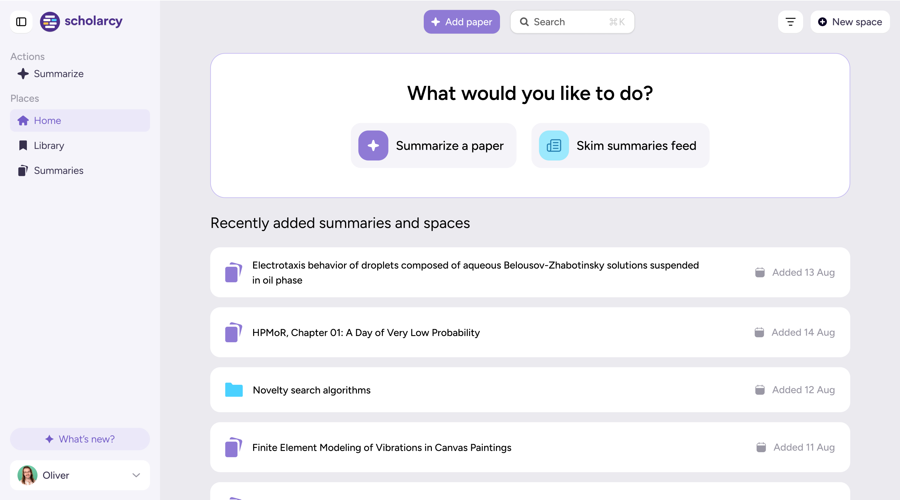Scholarcy’s new homepage, showing an import modal, and a list of recently created spaces and imported articles