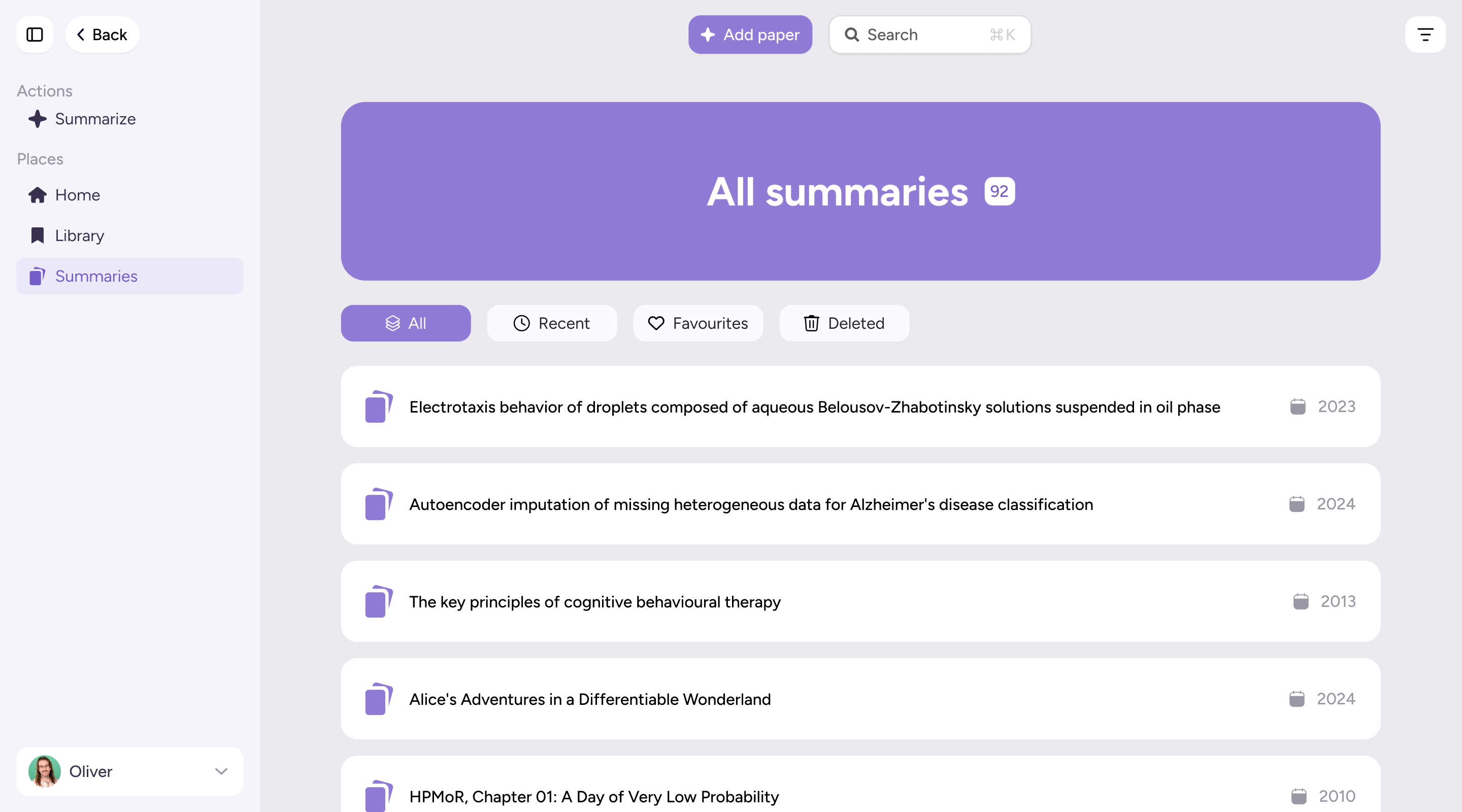Scholarcy’s new summaries tab, showing a list of recently imported articles and textbooks