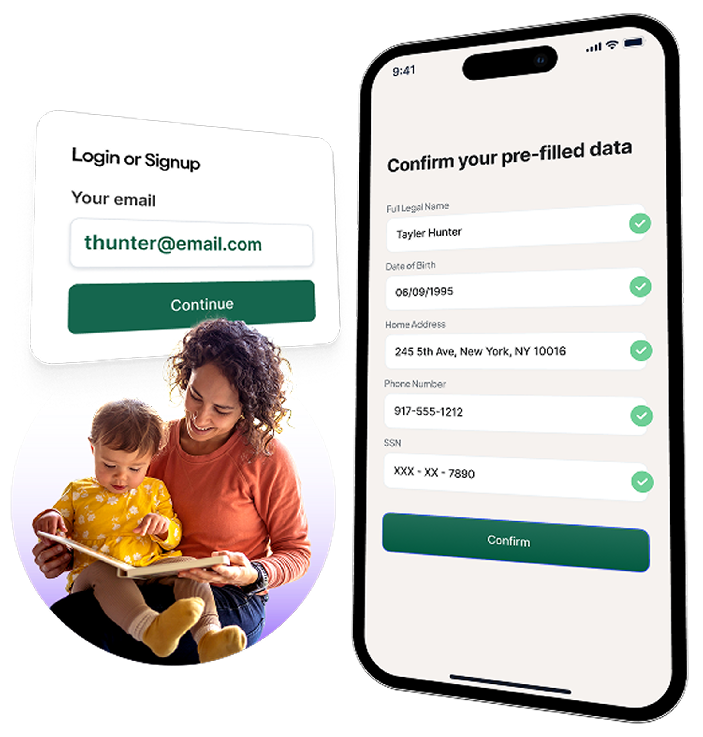 A smartphone screen shows a signup flow for Bilt Rewards, where user details like name, date of birth, and phone number are pre‑filled and confirmed with checkmarks. Next to it, a login prompt displays the email “thunter@email.com,” and a circular image of a woman holding her phone appears, highlighted with purple accents. The interface emphasizes streamlined signup and account validation.