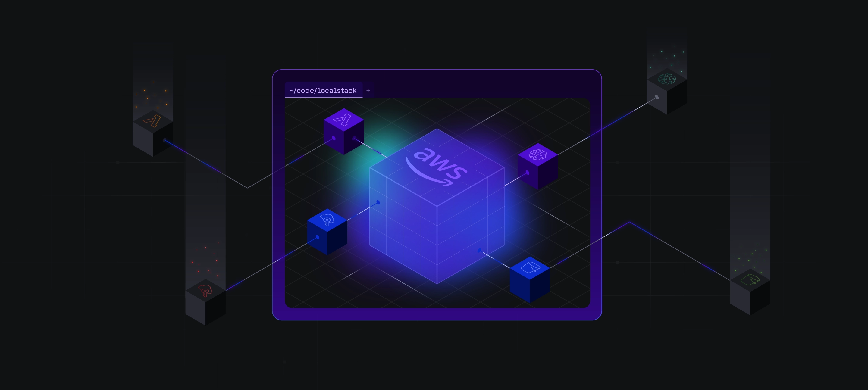 AWS-branded cube in a terminal interface connected to service icons, illustrating LocalStack's local AWS cloud emulation capabilities.
