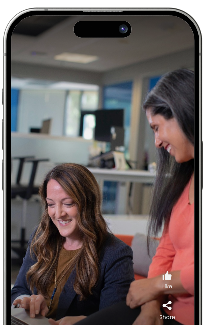 Image of a phone with 2 professionals talking and smiling