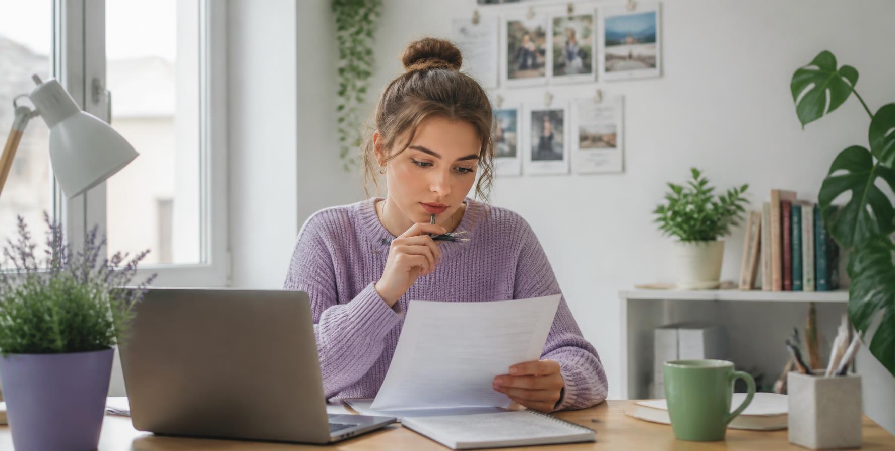 Student reviewing a CV at a desk