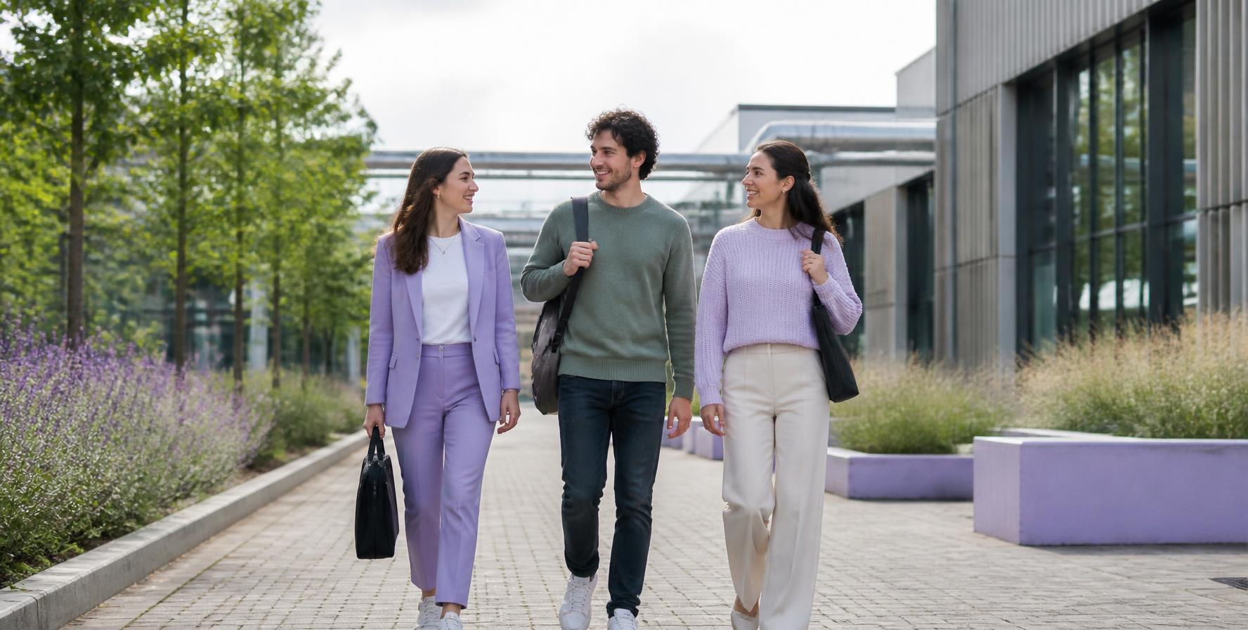 Graduates walking together at a modern company campus