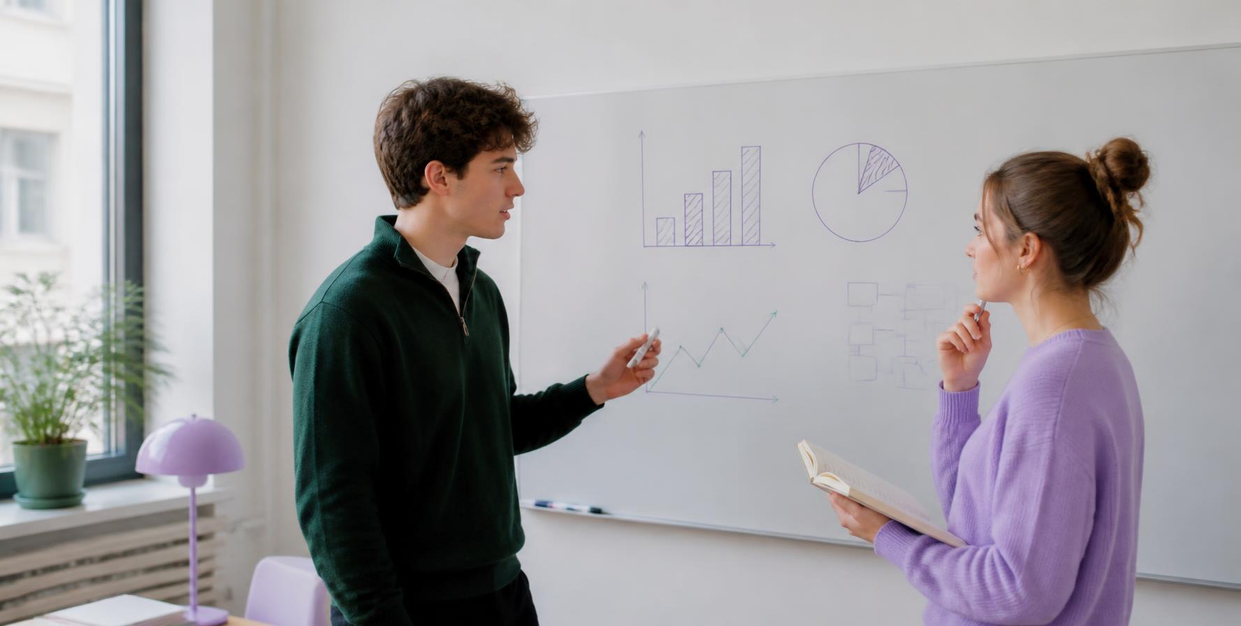 Students practising a consulting case at a whiteboard