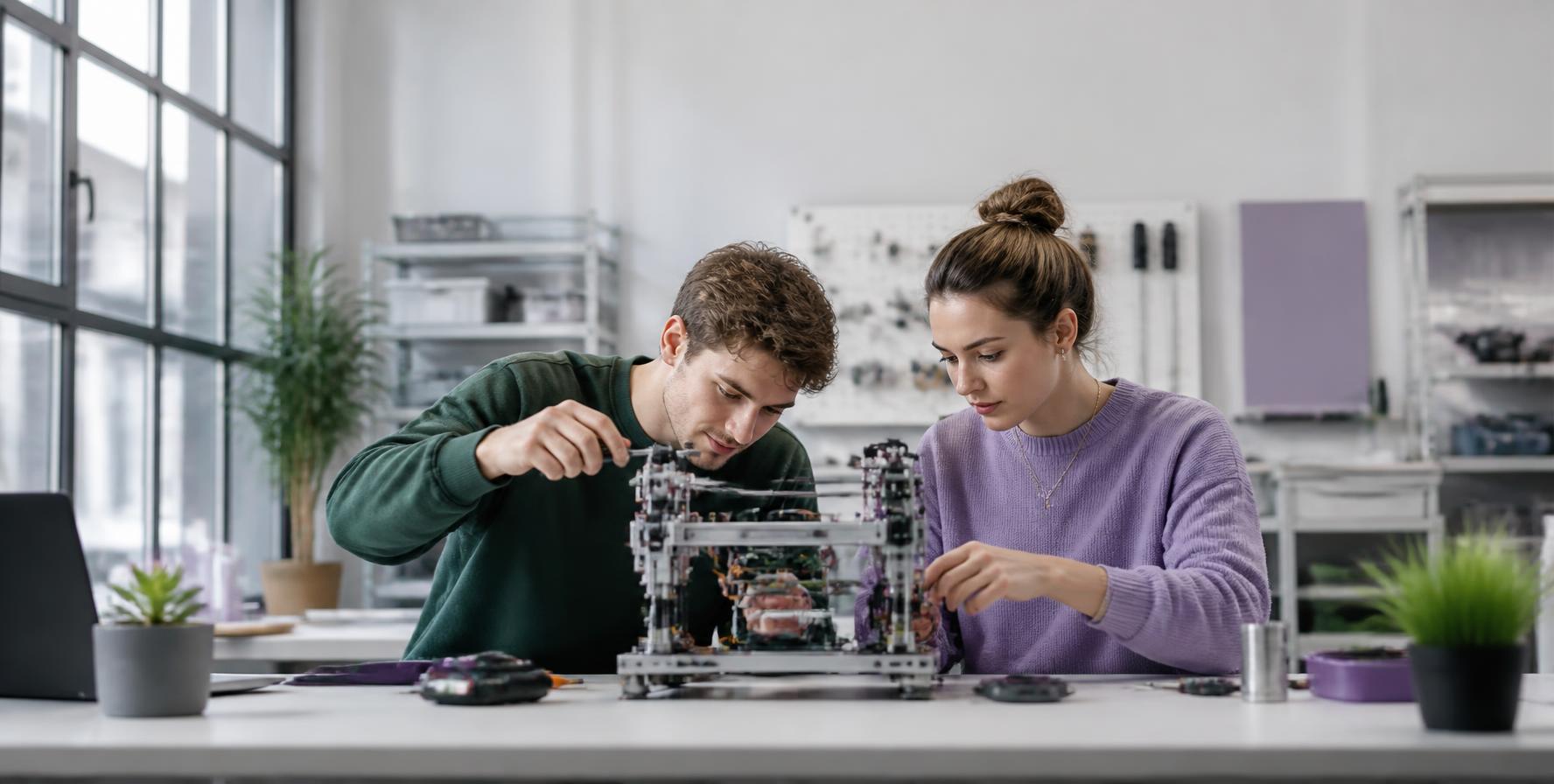 Young engineers collaborating on a prototype in a workshop