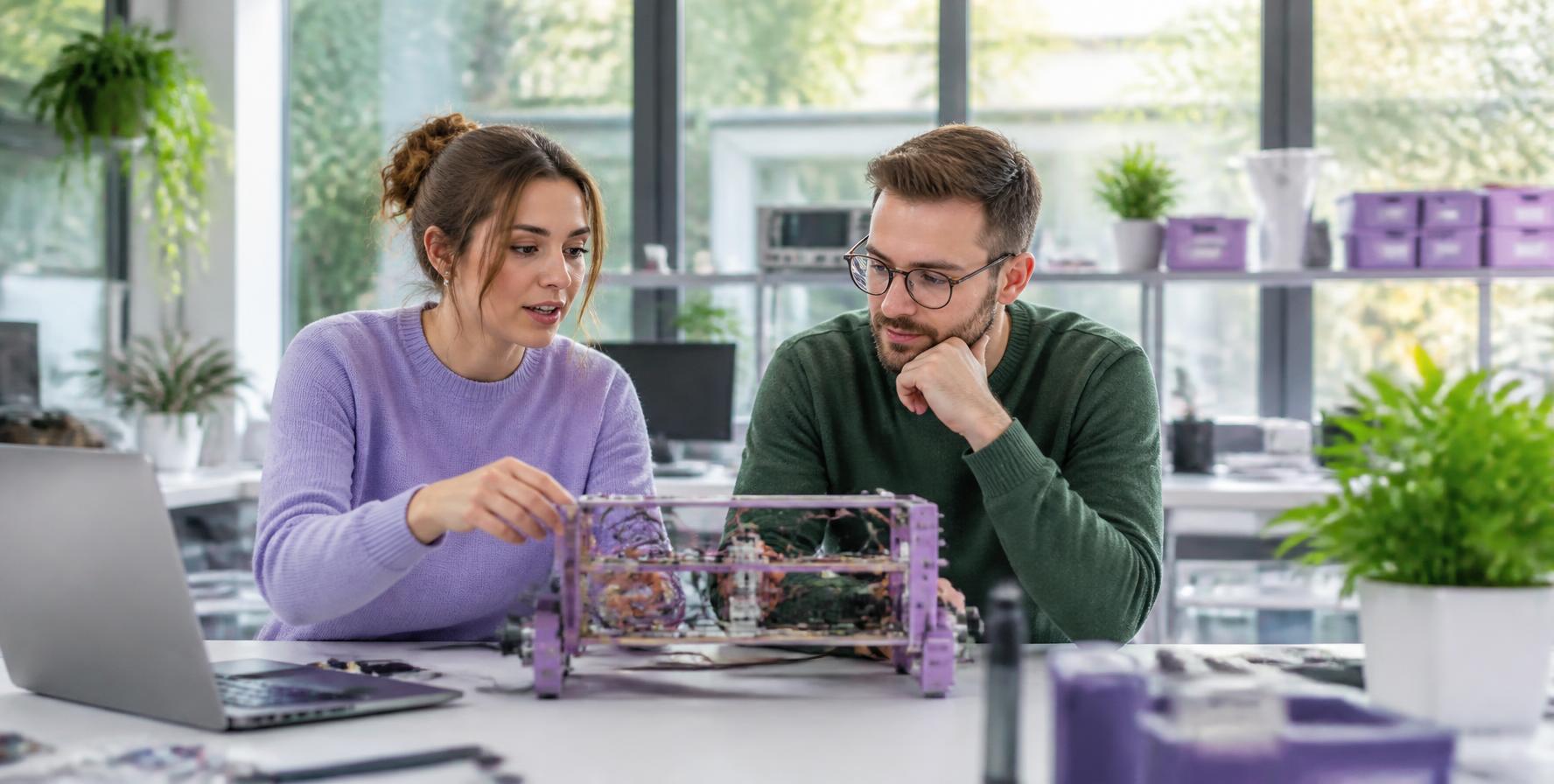 Researchers discussing career options together in a bright workspace