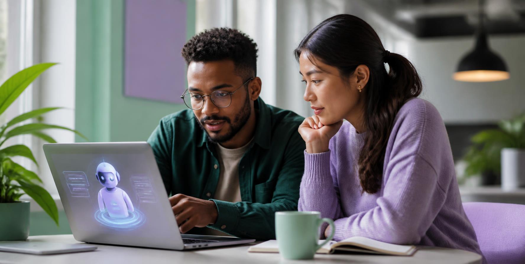 Two people looking at an AI assistant illustration on a laptop