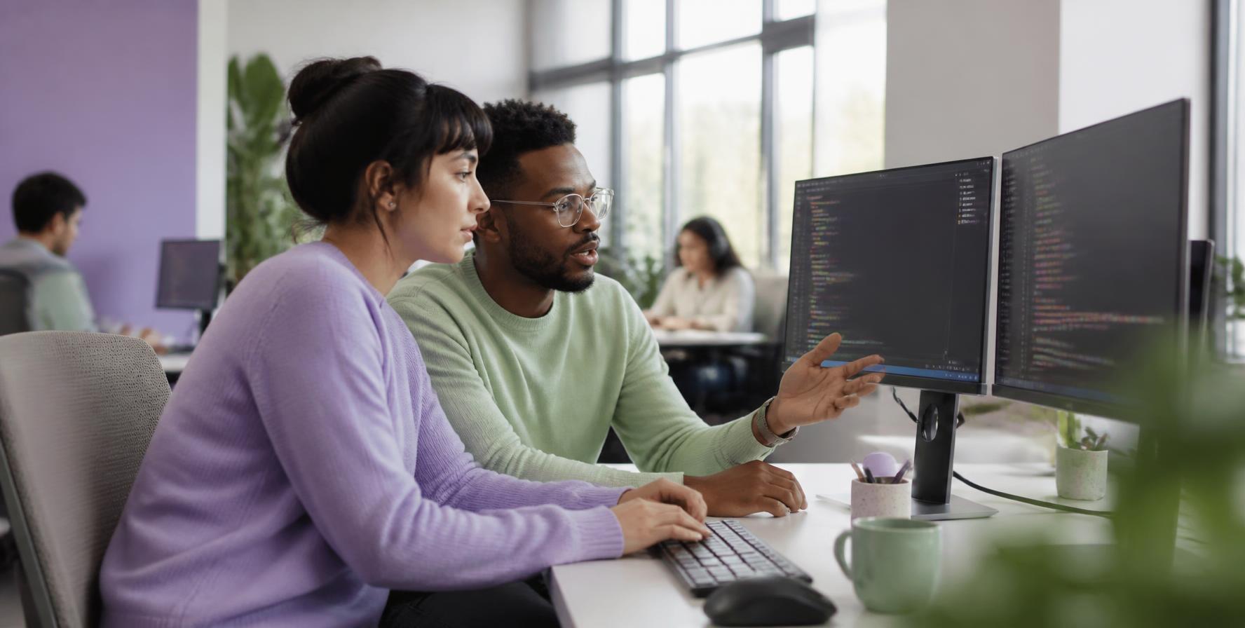 Two people working together at computer monitors displaying code