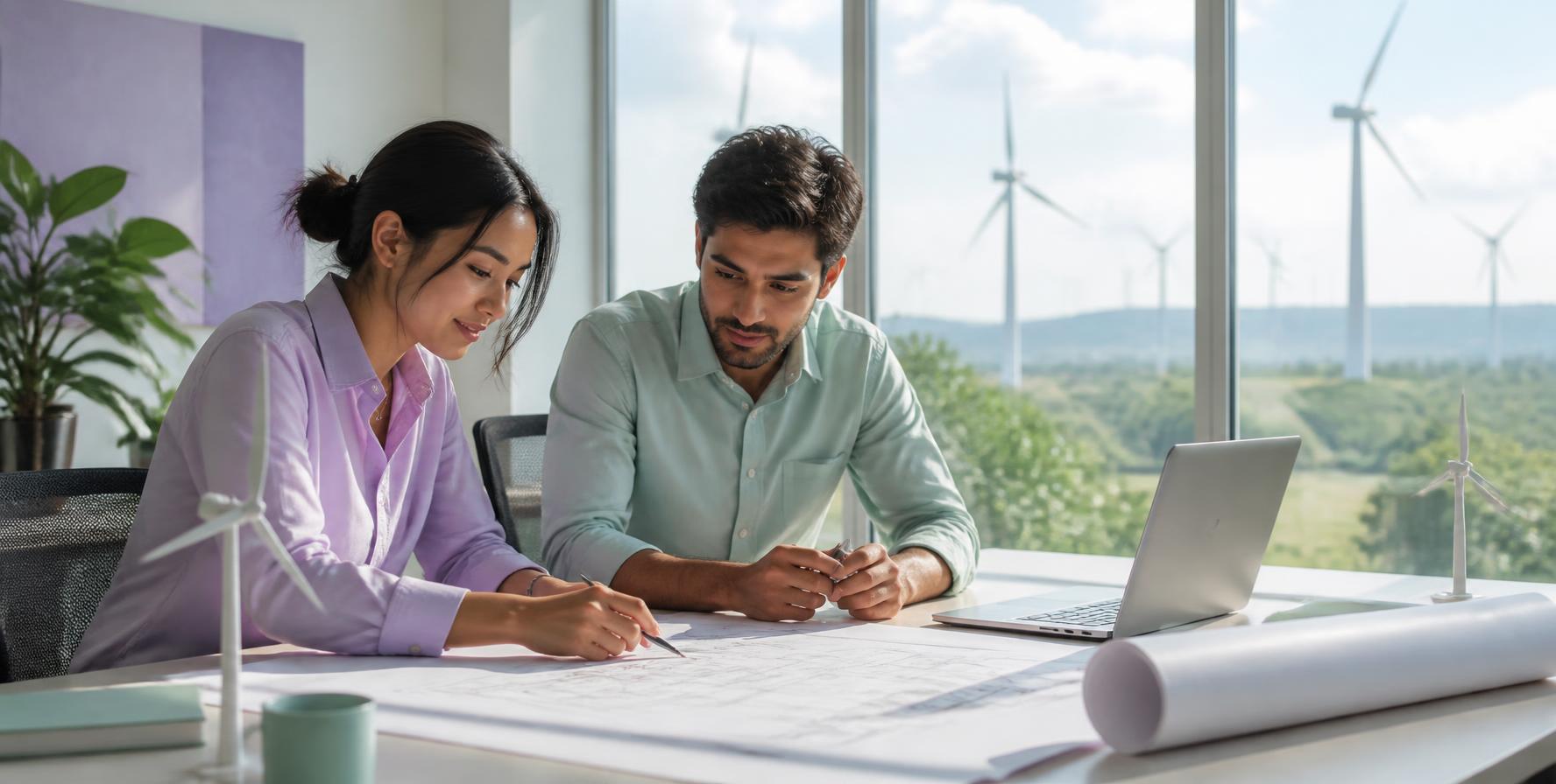 Two people reviewing plans beside windows overlooking wind turbines