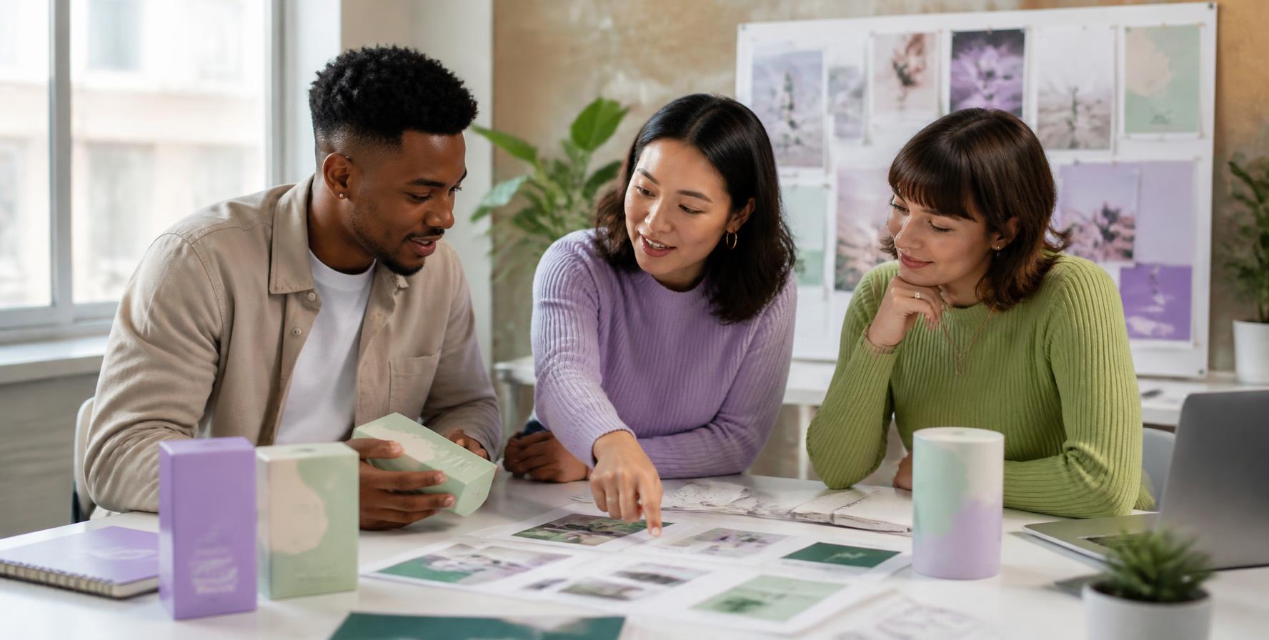 Three people reviewing packaging mockups and documents at a table