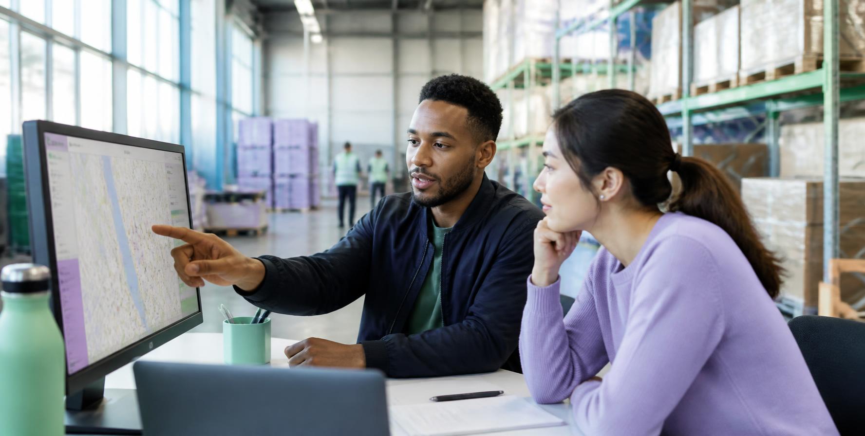 Two people discussing a computer screen in a warehouse office