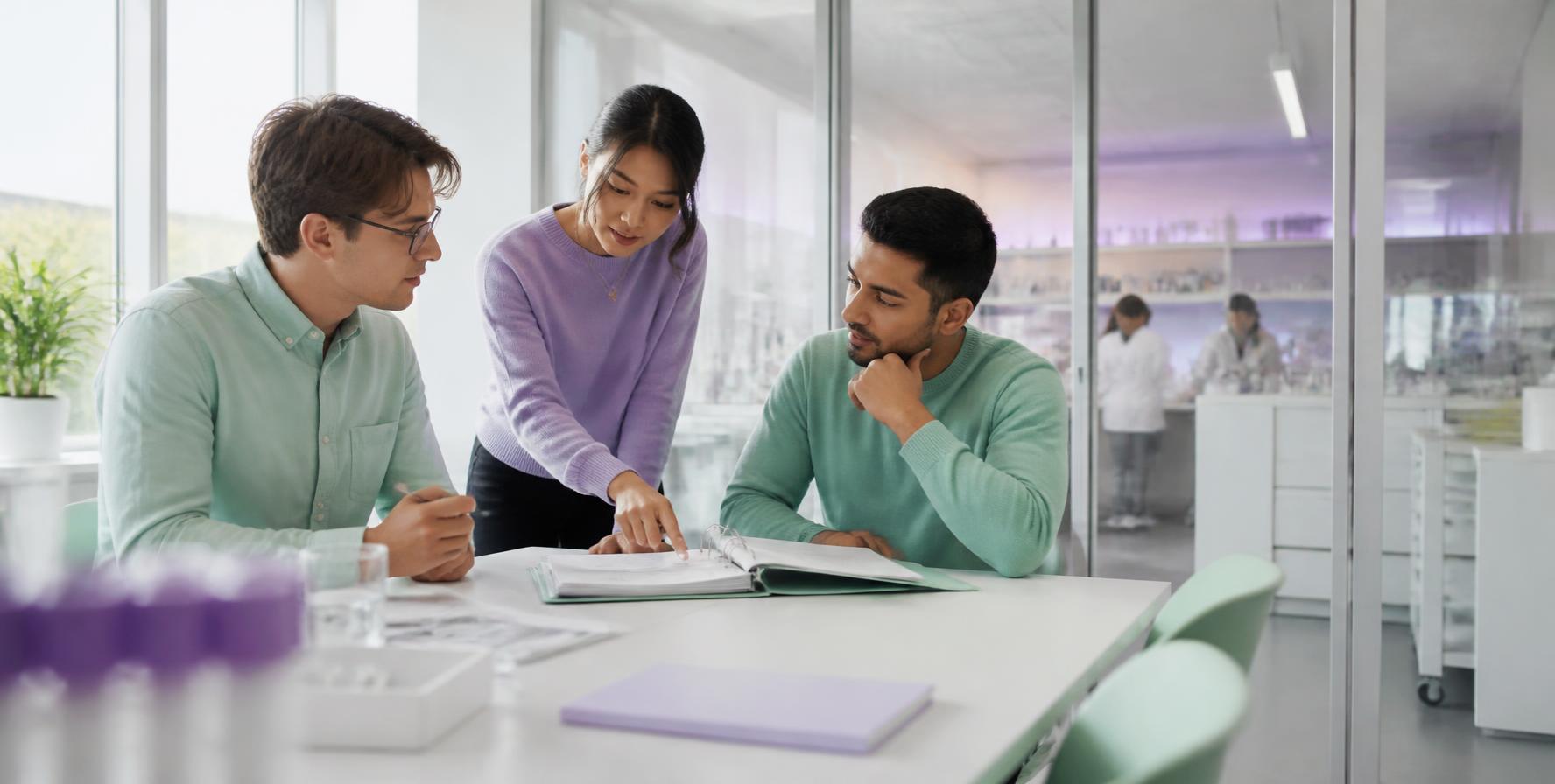 Three people discussing documents in an office beside a laboratory