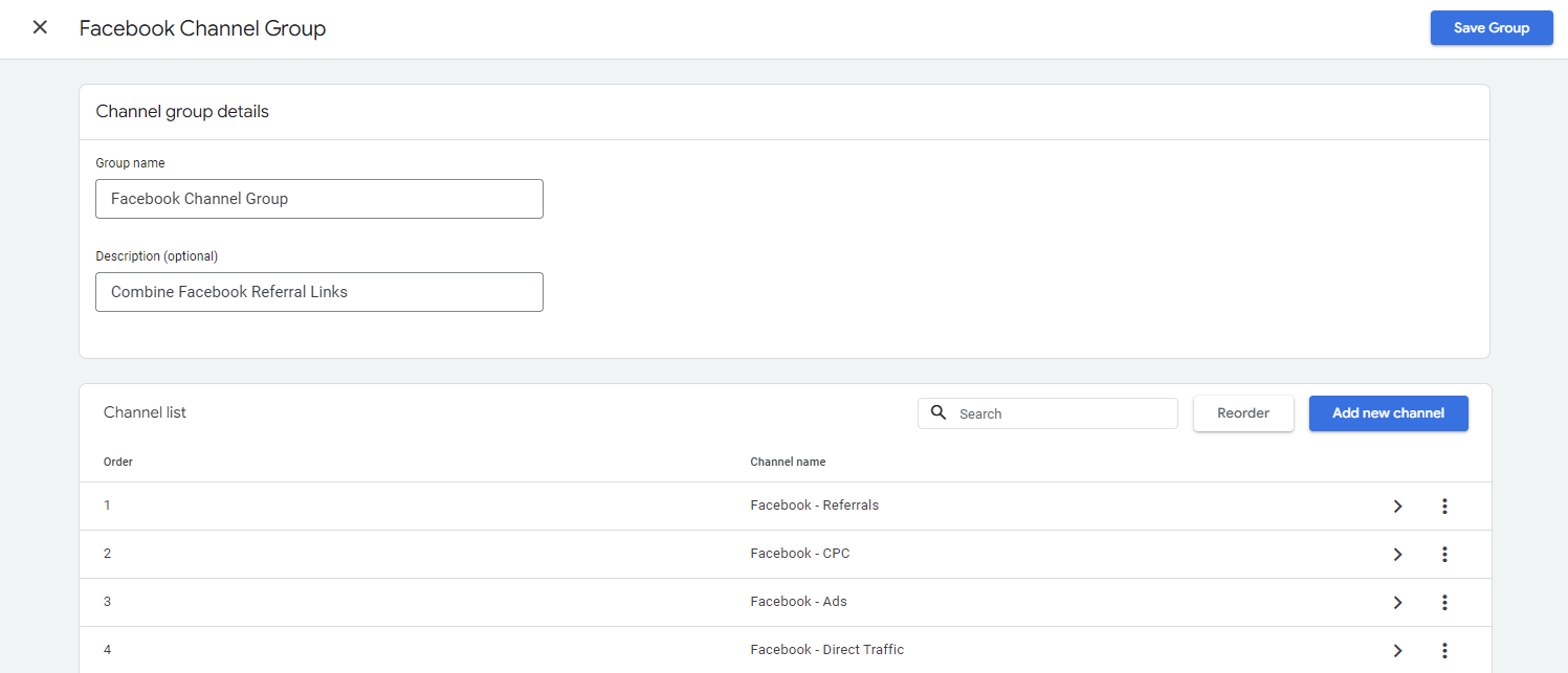 Example of Custom Channel Groups on GA4 combining Facebook Referral Links