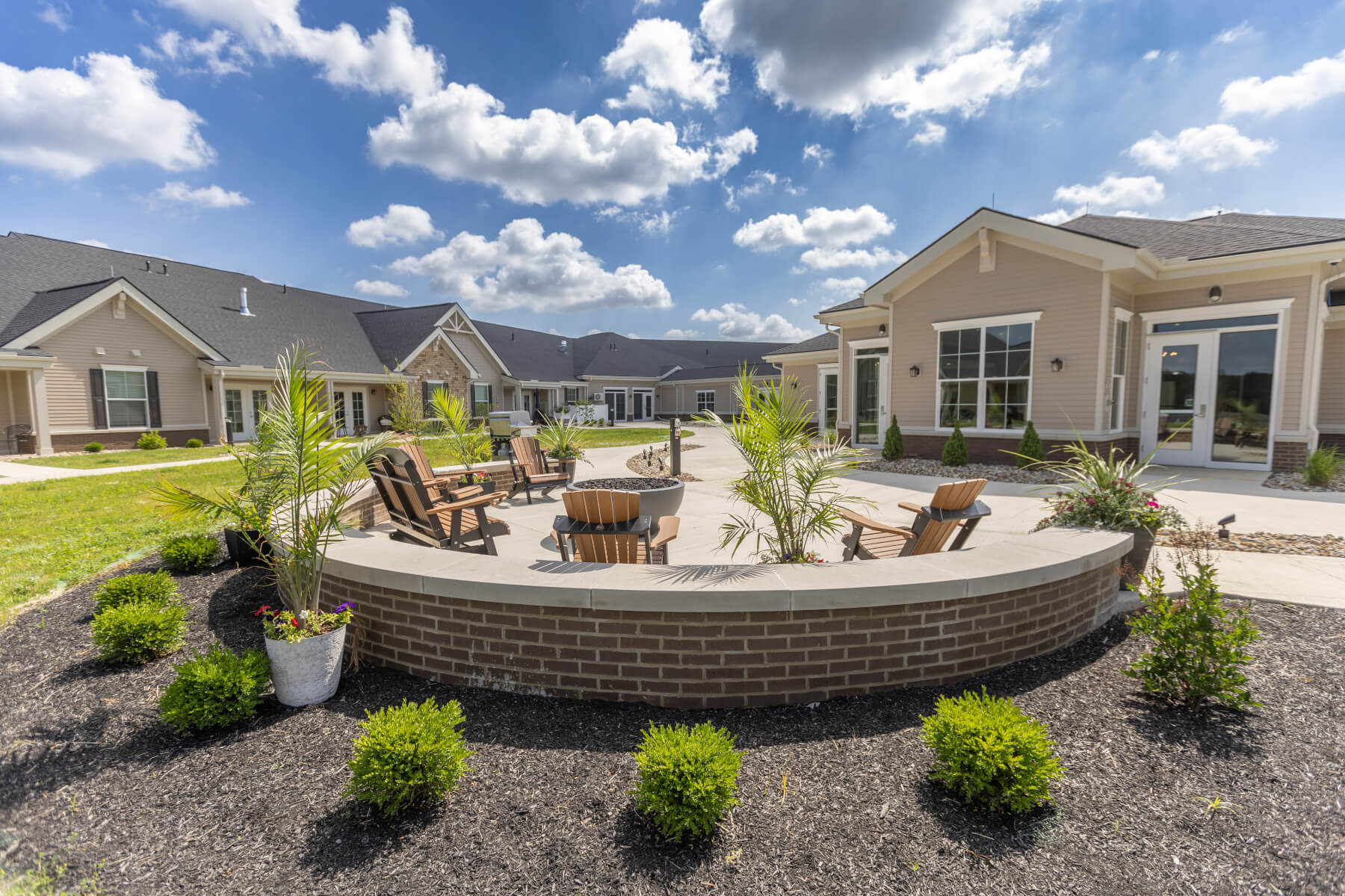 Outdoor lounge seating at a residential senior care facility.