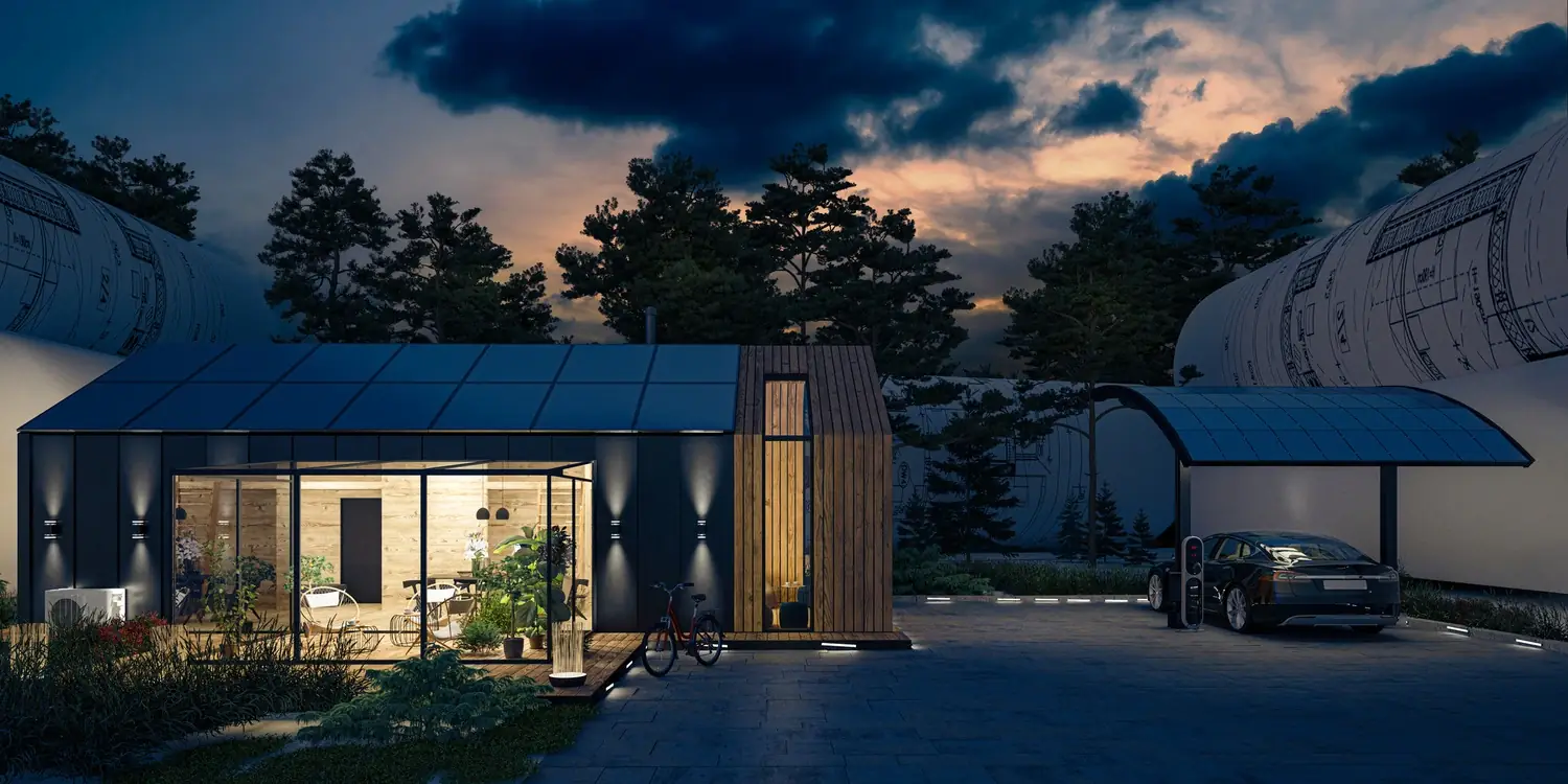 Modernes Haus mit Wärmepumpe, Photovoltaikanlage, Ladestation und Elektroauto