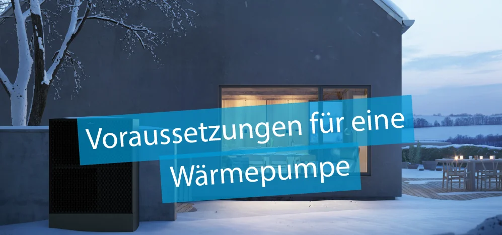 Titelbild Artikel "Voraussetzungen für eine Wärmepumpe" - im Bild eine Luft/Wasser Wärmepumpe vor einem EFH in einer Winterlandschaft