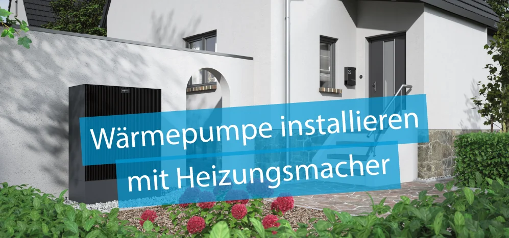 Titelbild Artikel "Wärmepumpe installieren mit Heizungsmacher" - im Bild eine Luft/Wasser Wärmepumpe vor einer Hauswand