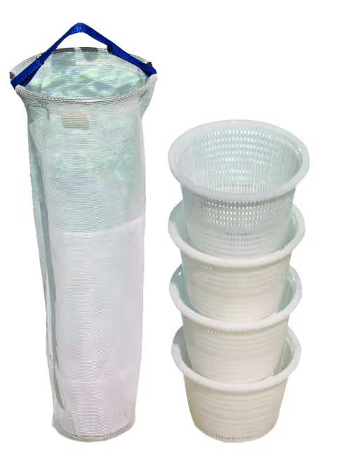 A comparison showing the large pool skimmer on the left and a stack of 4 pool skimmer baskets on the right. The large pool skimmer is slightly larger than the 4 stacked ones.