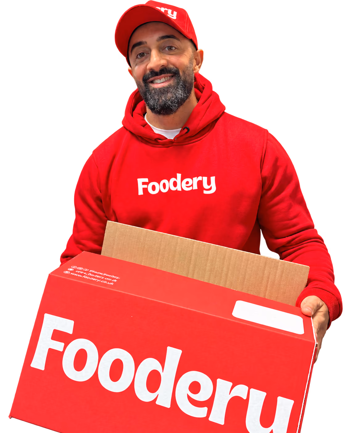 Azam smiling in a red Foodery hoodie and cap, holding an open Foodery delivery box