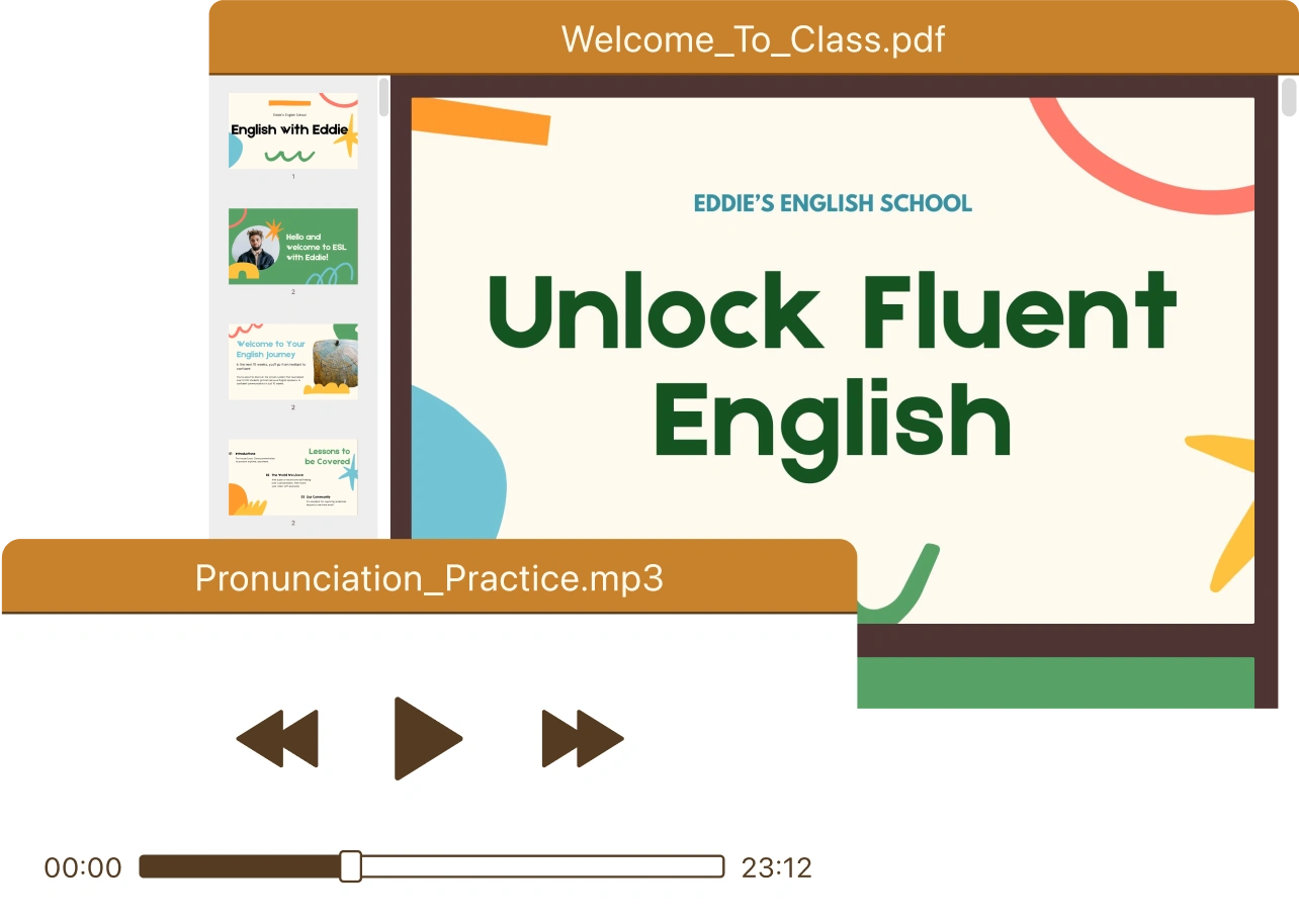 The image shows a digital mockup for an English course from Eddie’s English School. The main slide reads "Unlock Fluent English" in bold letters. To the left, there's a sidebar displaying several thumbnail previews of course slides, including one with a smiling person and another with the text "Lessons to be Covered." At the bottom, there's an audio player with controls and a time bar labeled "Pronunciation_Practice.mp3," showing a duration of 23:12 minutes. The interface has a clean, colorful design with abstract shapes.
