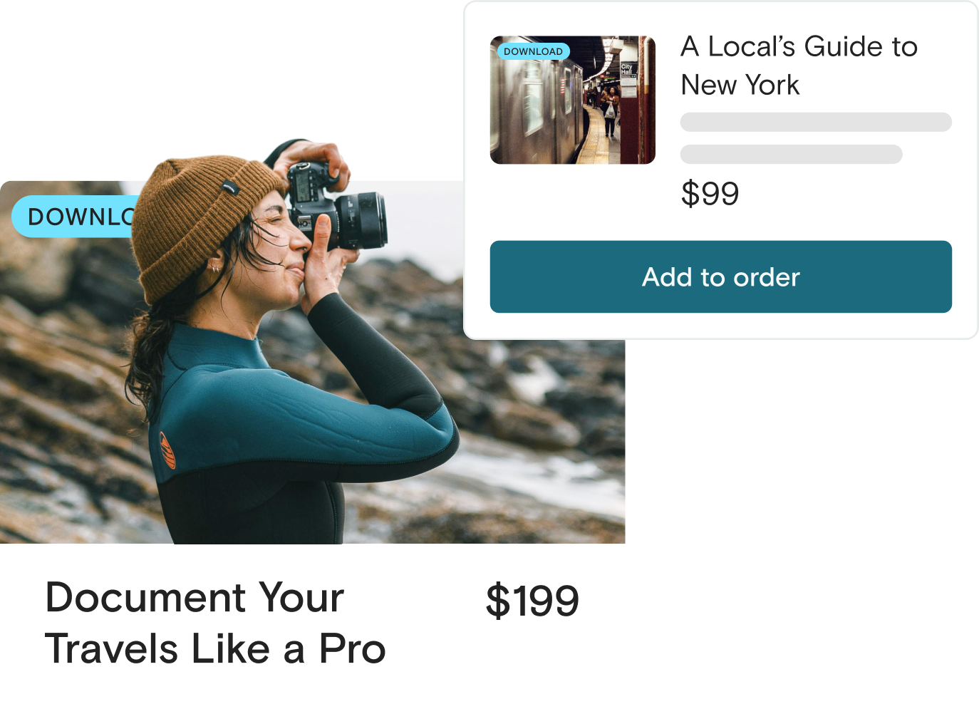 The image features a promotional card for a photography course titled "Document Your Travels Like a Pro," priced at $199. The background shows a person in a brown beanie and wetsuit using a camera at a rocky coastline. Beside it, there's an offer for "A Local’s Guide to New York" with a discounted price, reduced from $99 to $39, alongside a photo of a subway scene. A blue button labeled "Add to order" is included beneath the New York guide offer.