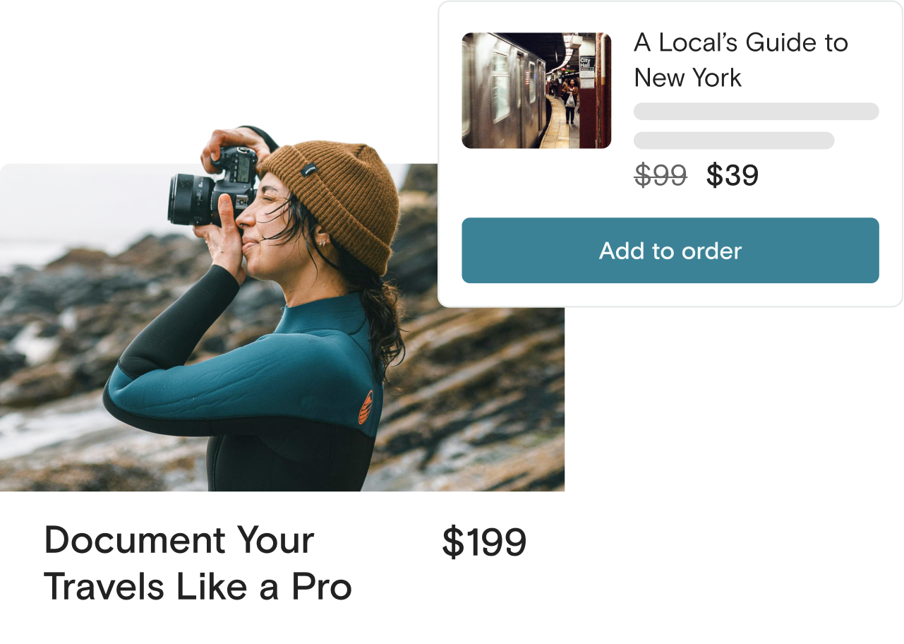 The image features a promotional card for a photography course titled "Document Your Travels Like a Pro," priced at $199. The background shows a person in a brown beanie and wetsuit using a camera at a rocky coastline. Beside it, there's an offer for "A Local’s Guide to New York" with a discounted price, reduced from $99 to $39, alongside a photo of a subway scene. A blue button labeled "Add to order" is included beneath the New York guide offer.







