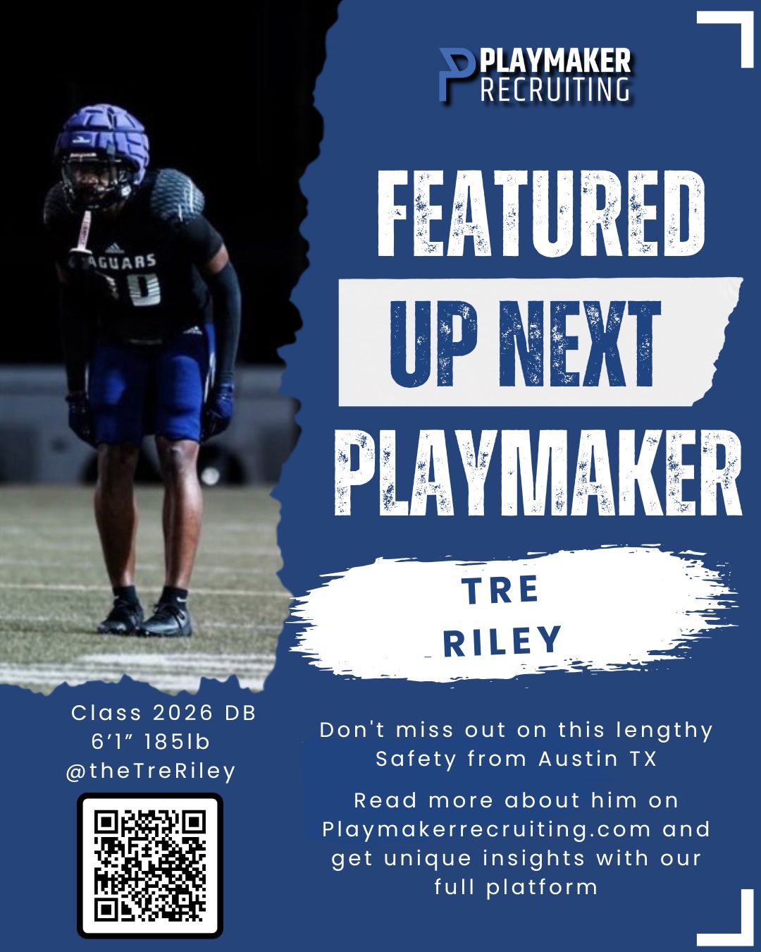 Football player Tre Riley in Jaguars uniform preparing for play on field, with text highlighting him as Featured Up Next Playmaker and details about his class, position, height, weight, and social media handle.